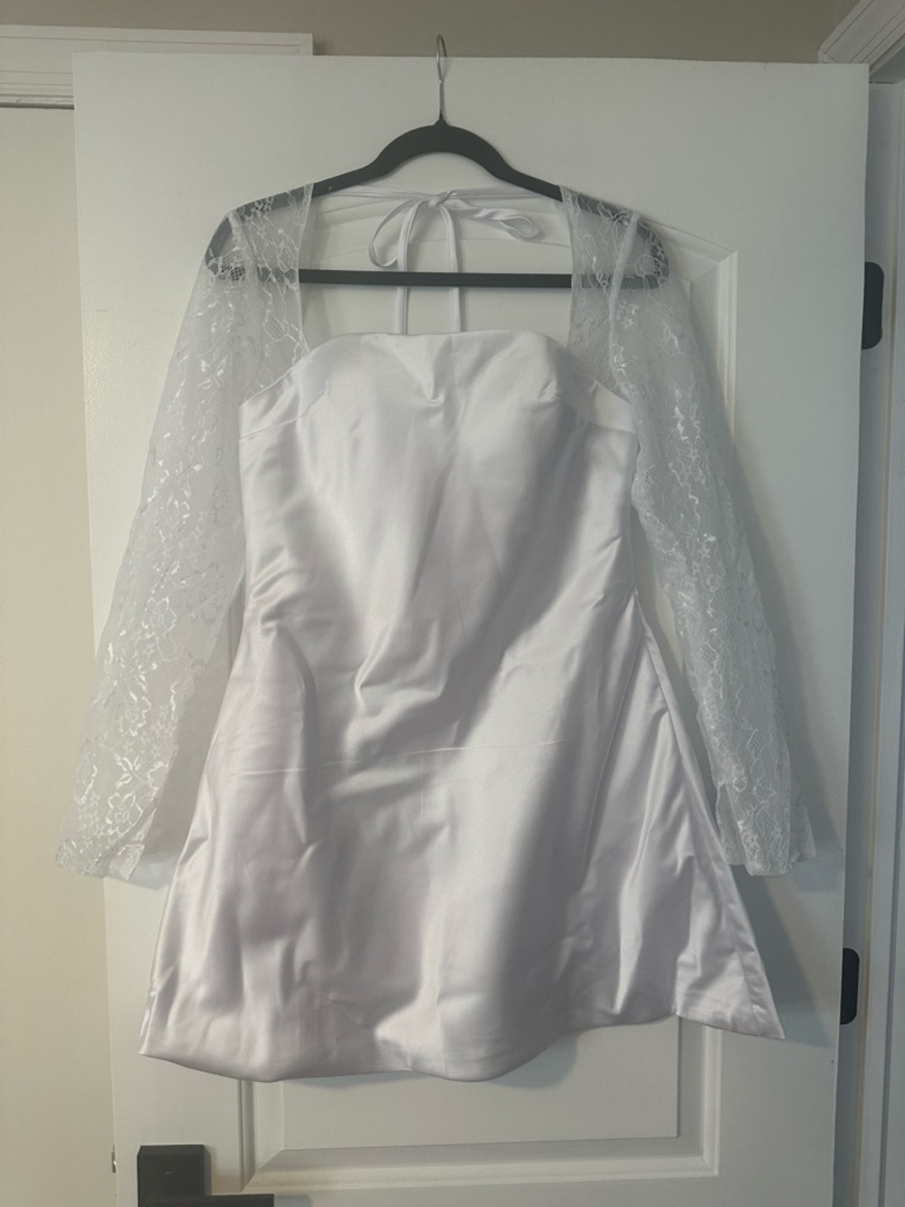 White Lace-Trim Satin Mini Dress